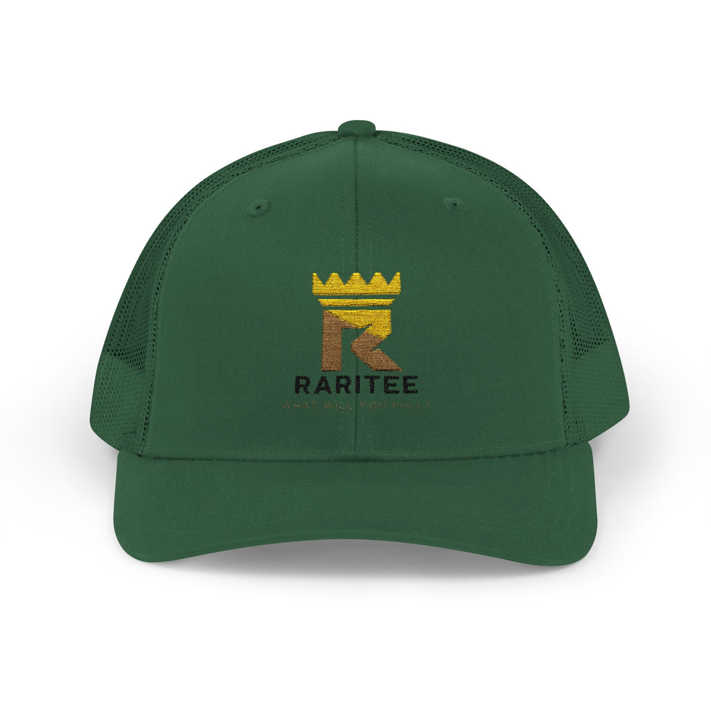 Raritee Crown Logo Trucker Cap — White Snapback Mesh Hat