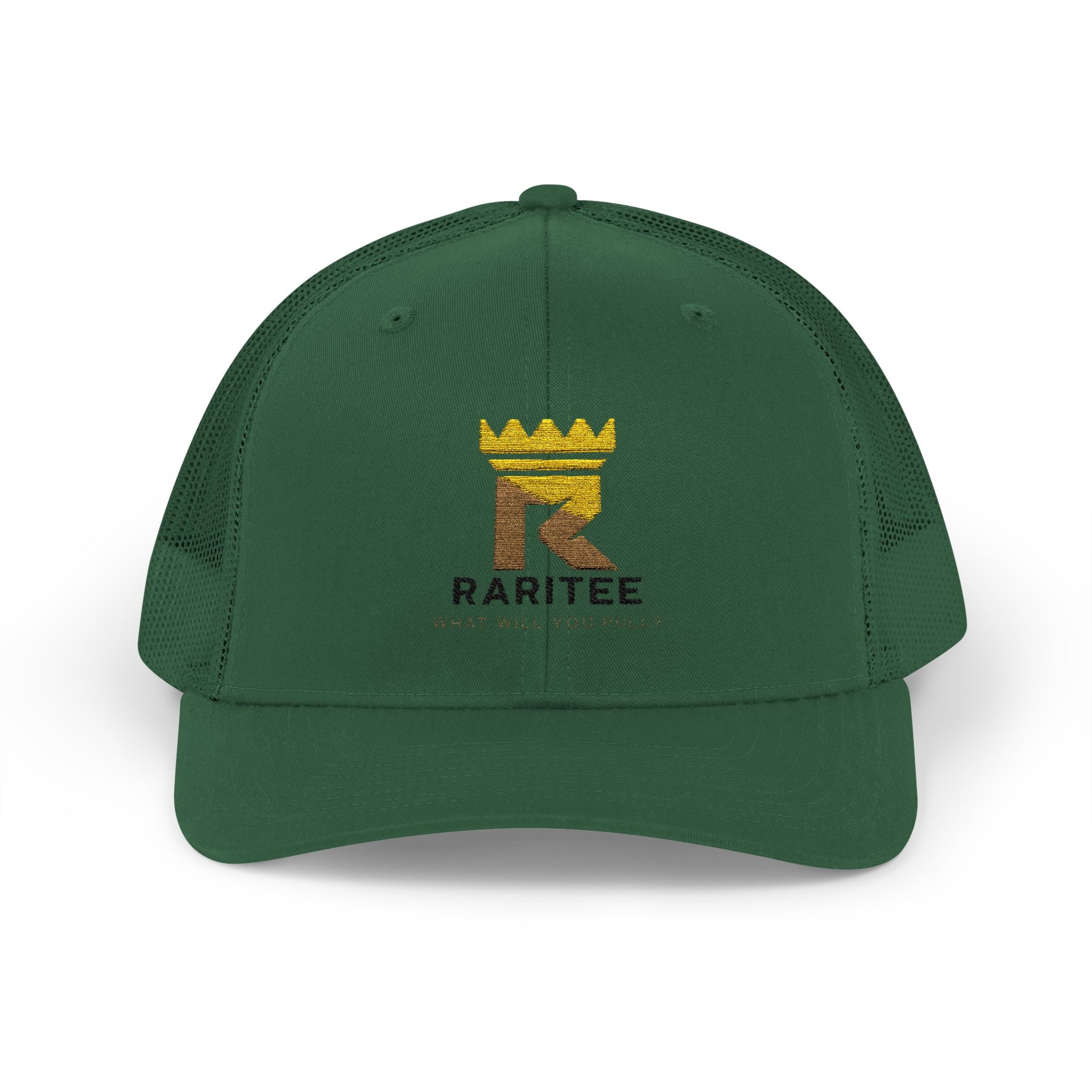 Raritee Crown Logo Trucker Cap — White Snapback Mesh Hat