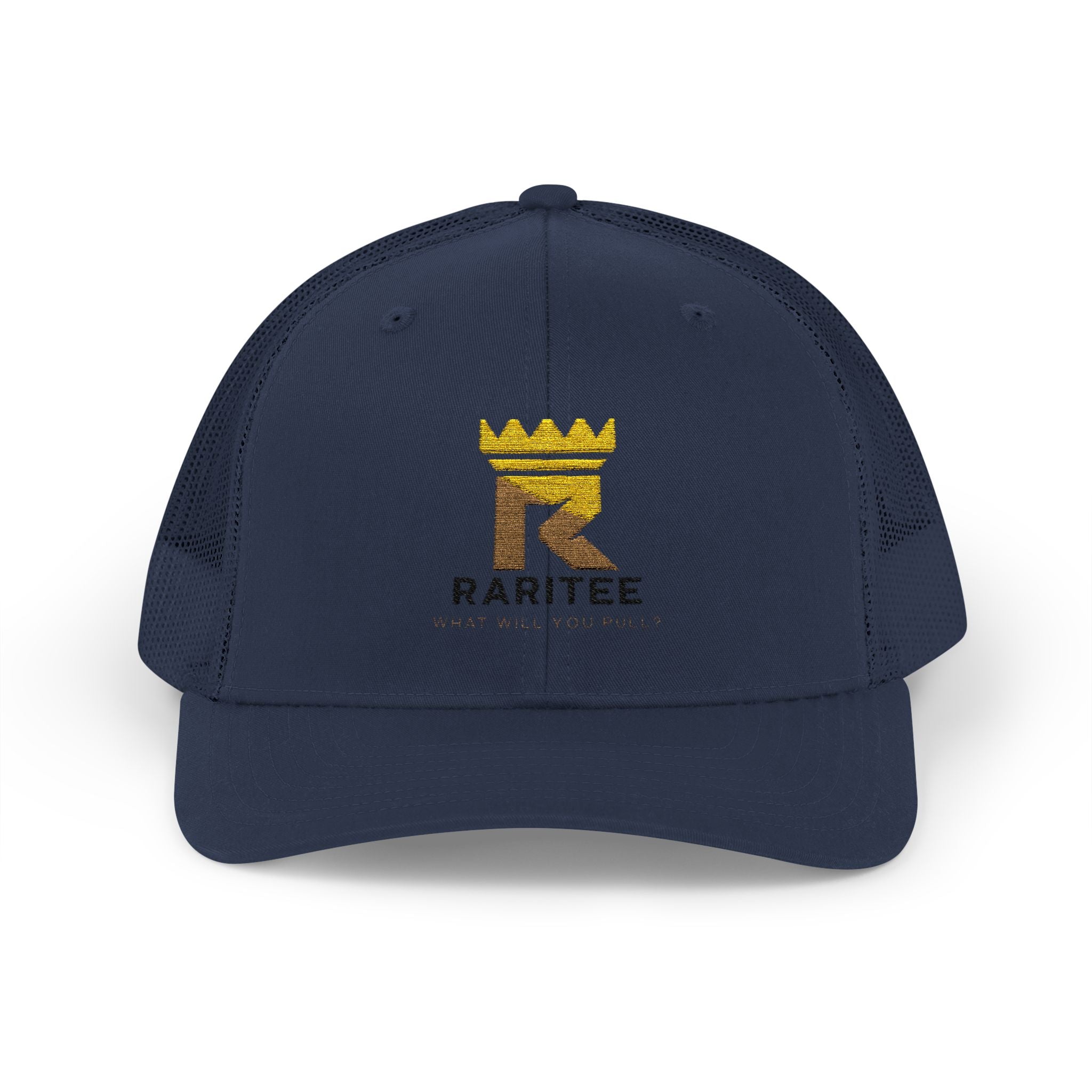 Raritee Crown Logo Trucker Cap — White Snapback Mesh Hat