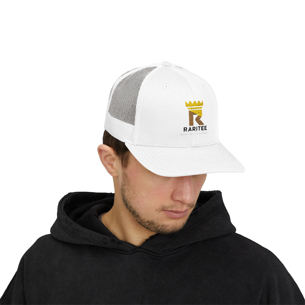 Raritee Crown Logo Trucker Cap — White Snapback Mesh Hat
