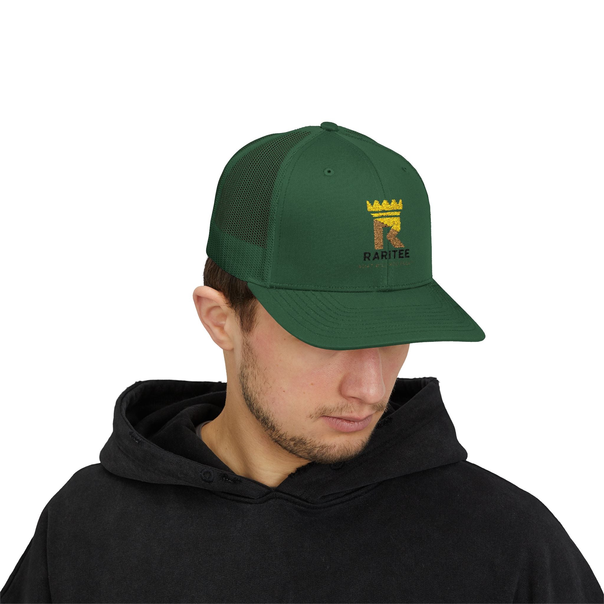 Raritee Crown Logo Trucker Cap — White Snapback Mesh Hat