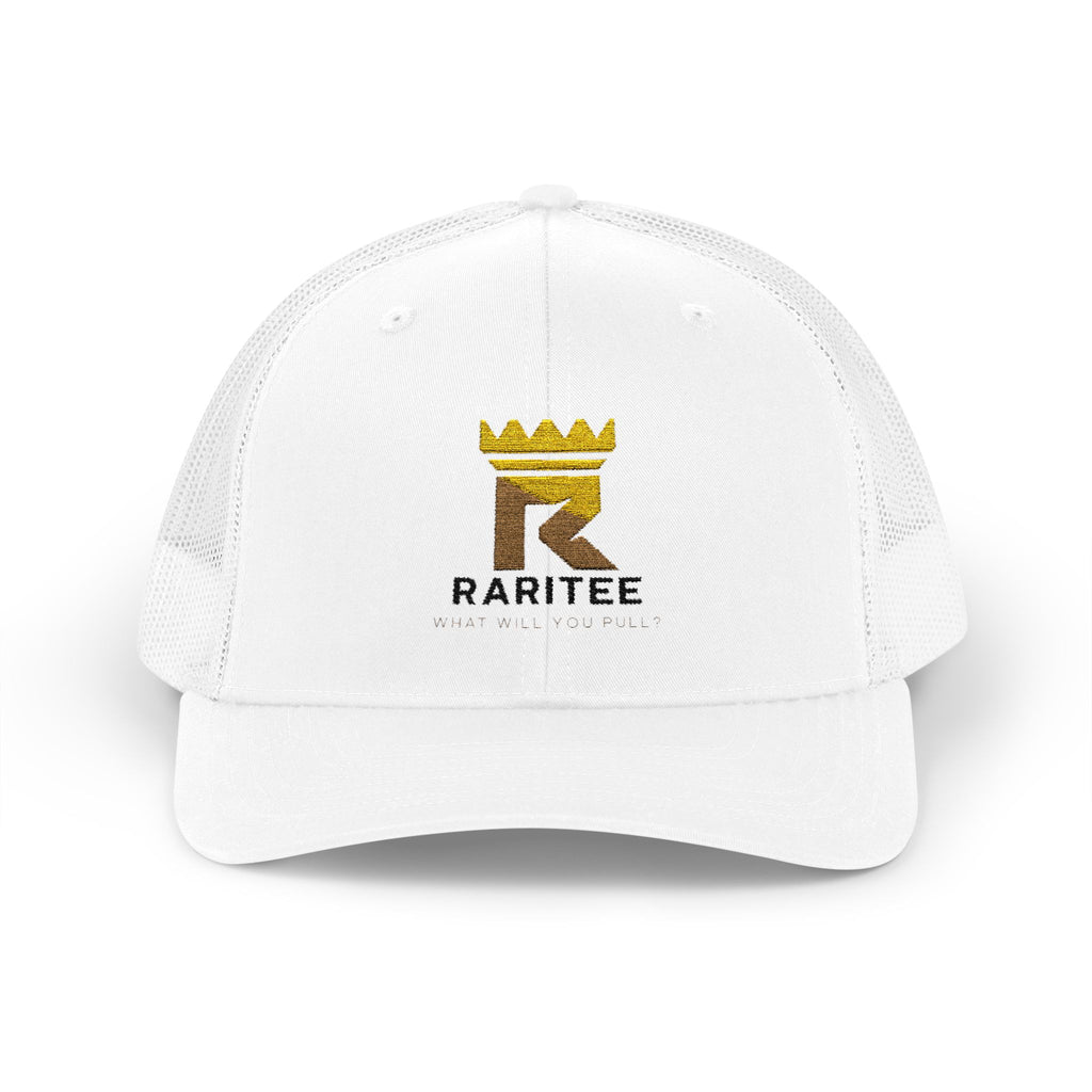 Raritee Crown Logo Trucker Cap — White Snapback Mesh Hat