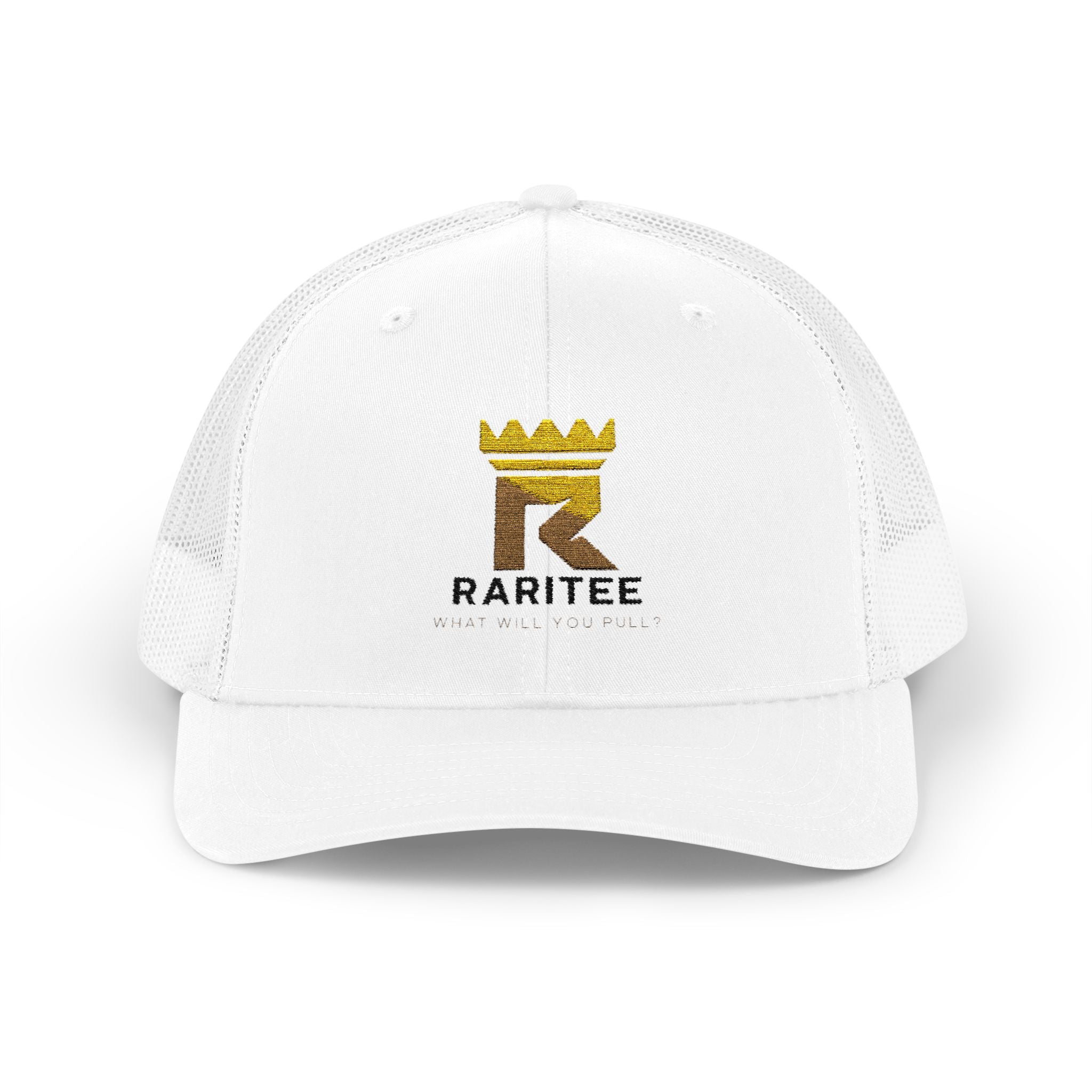 Raritee Crown Logo Trucker Cap — White Snapback Mesh Hat