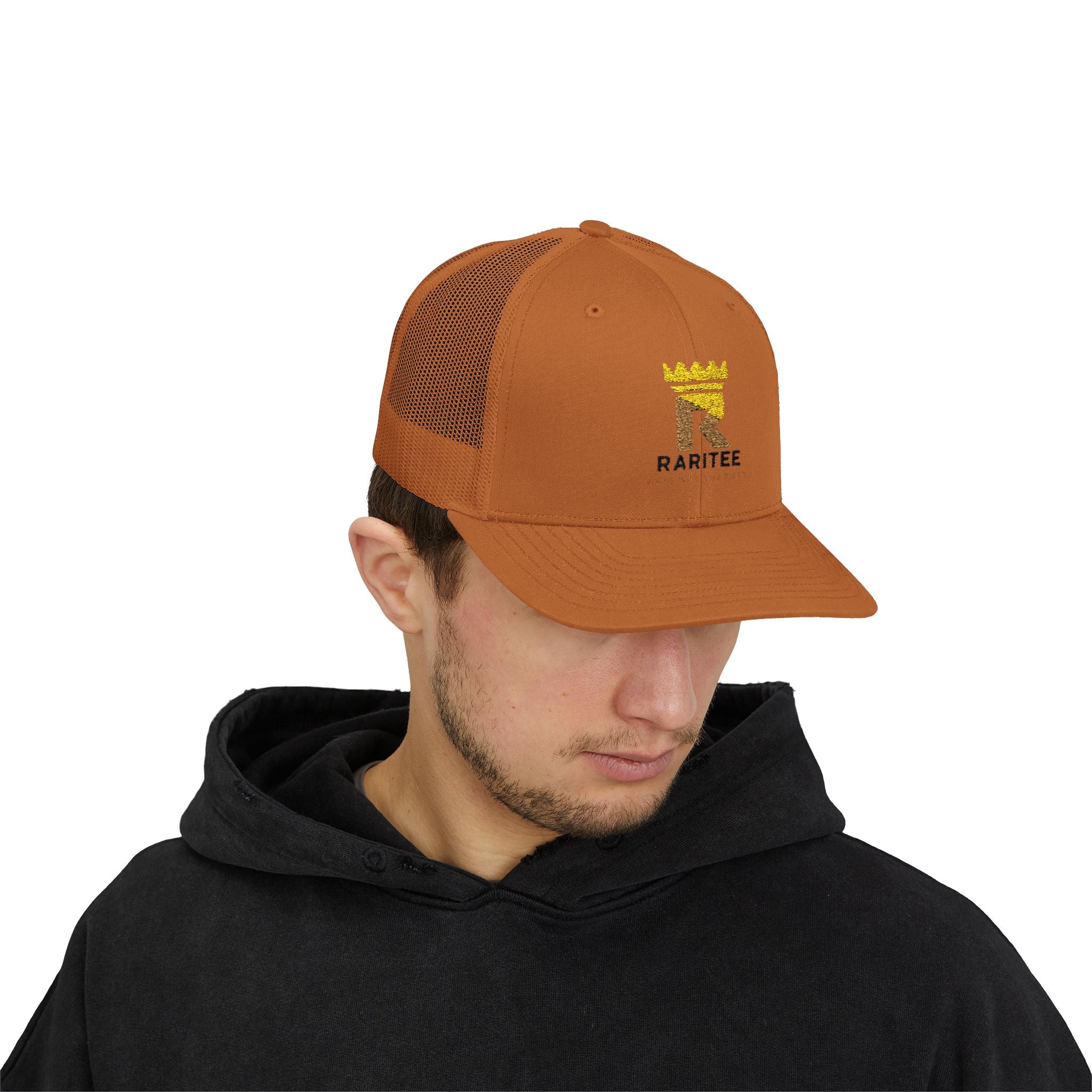 Raritee Crown Logo Trucker Cap — White Snapback Mesh Hat