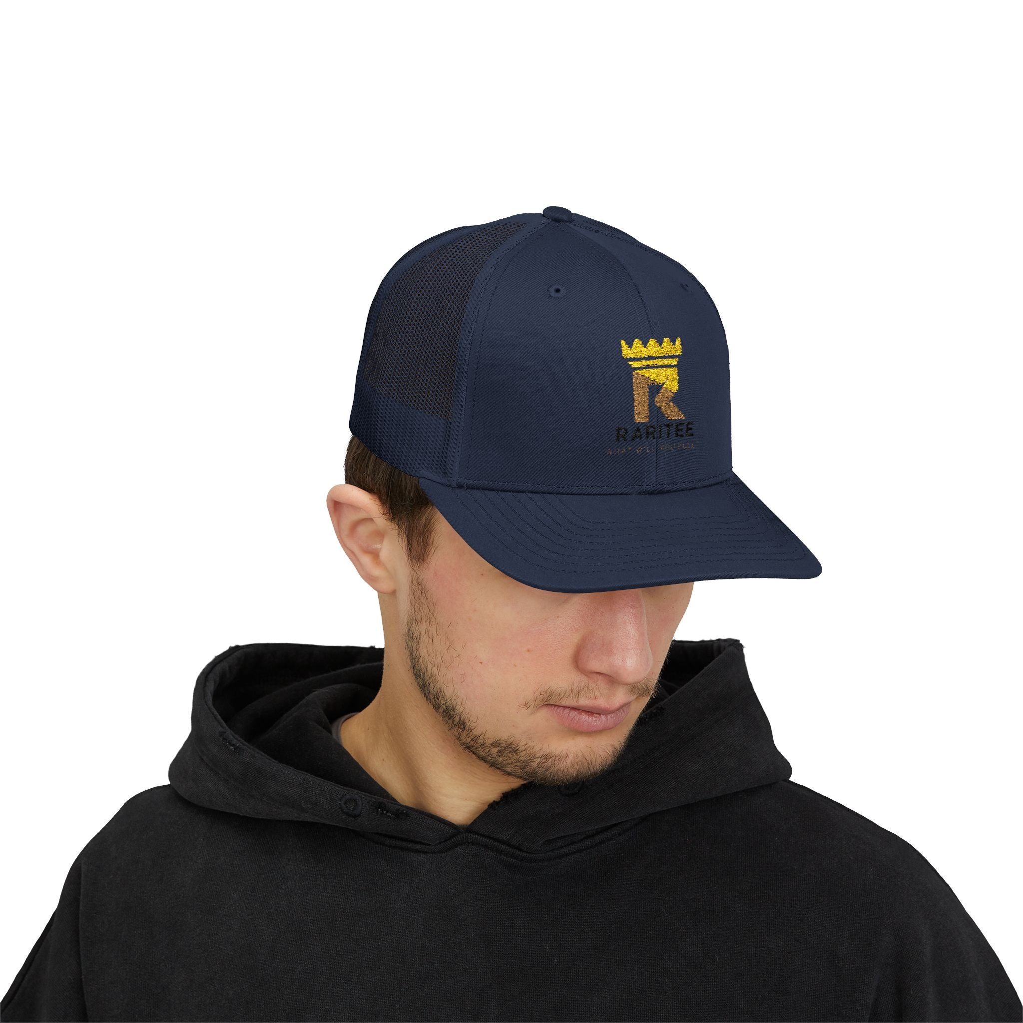 Raritee Crown Logo Trucker Cap — White Snapback Mesh Hat