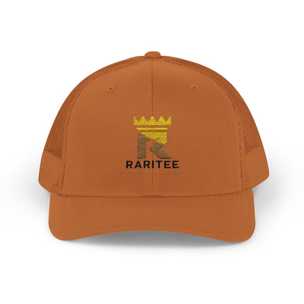 Raritee Crown Logo Trucker Cap — White Snapback Mesh Hat