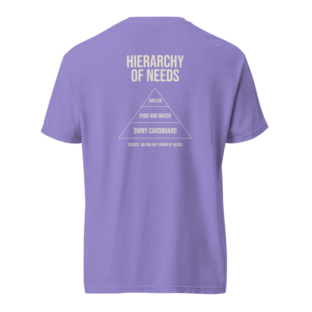 Hierarchy tee — violet back (Printful mockup)