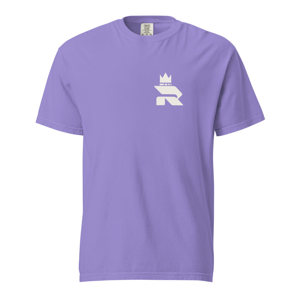Hierarchy tee — violet front (Printful mockup)