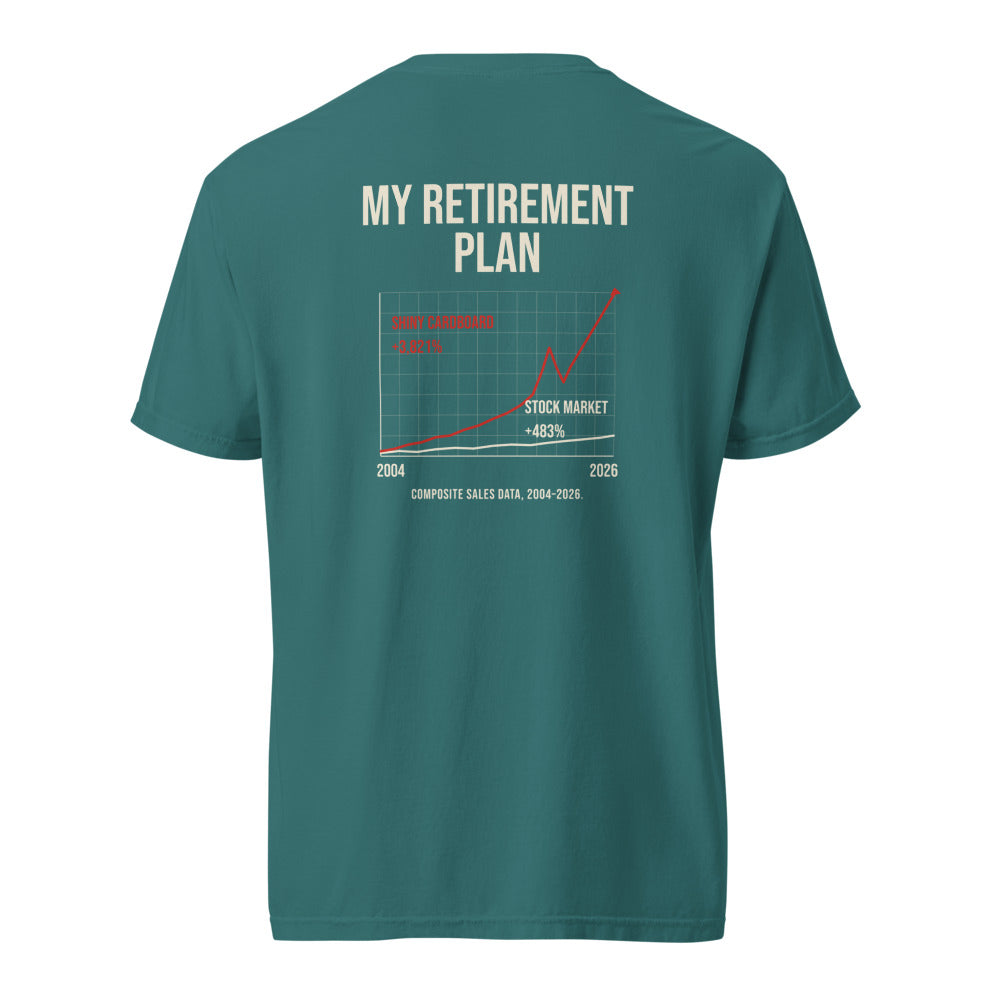 Retirement tee — emerald back (Printful mockup)