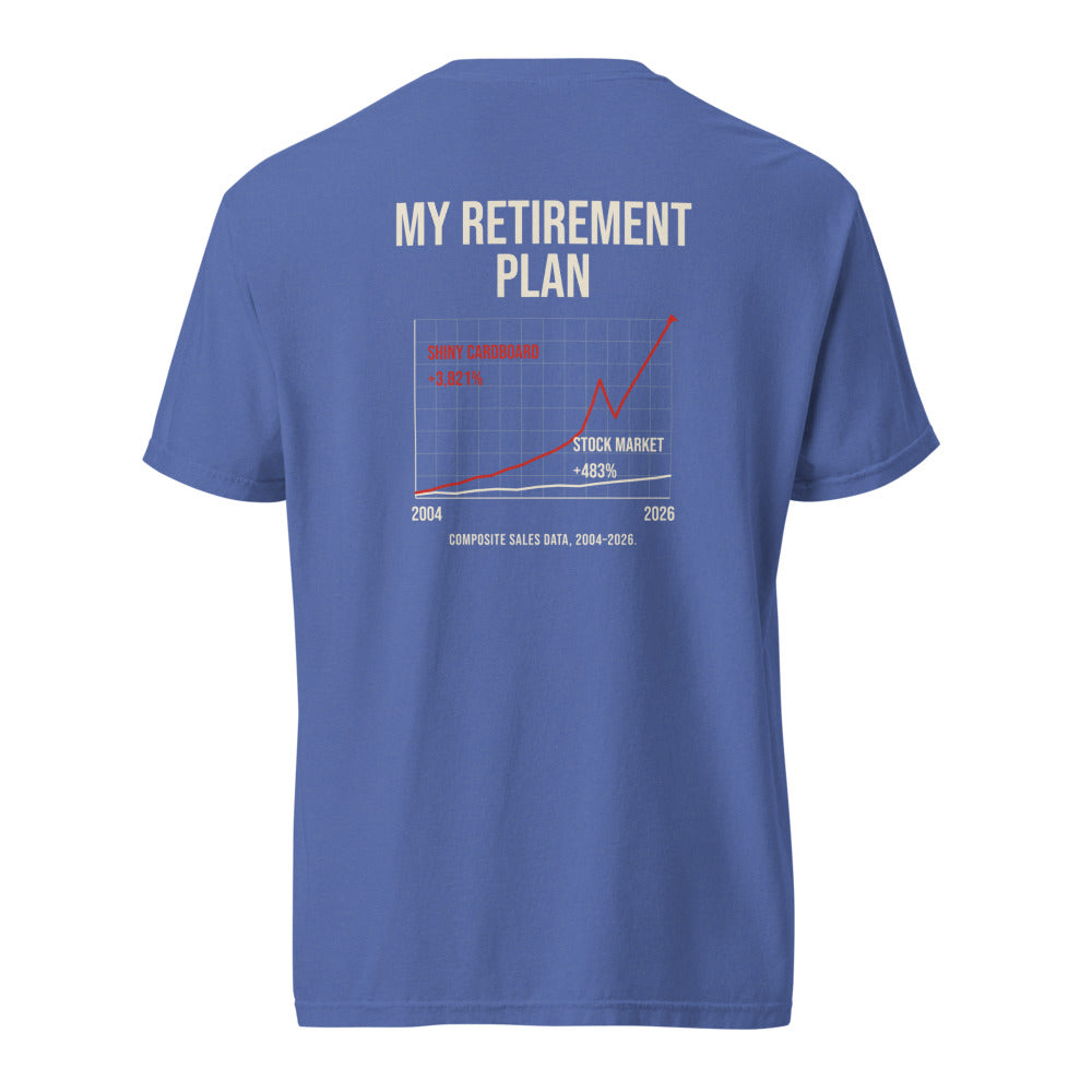 Retirement tee — mystic back (Printful mockup)