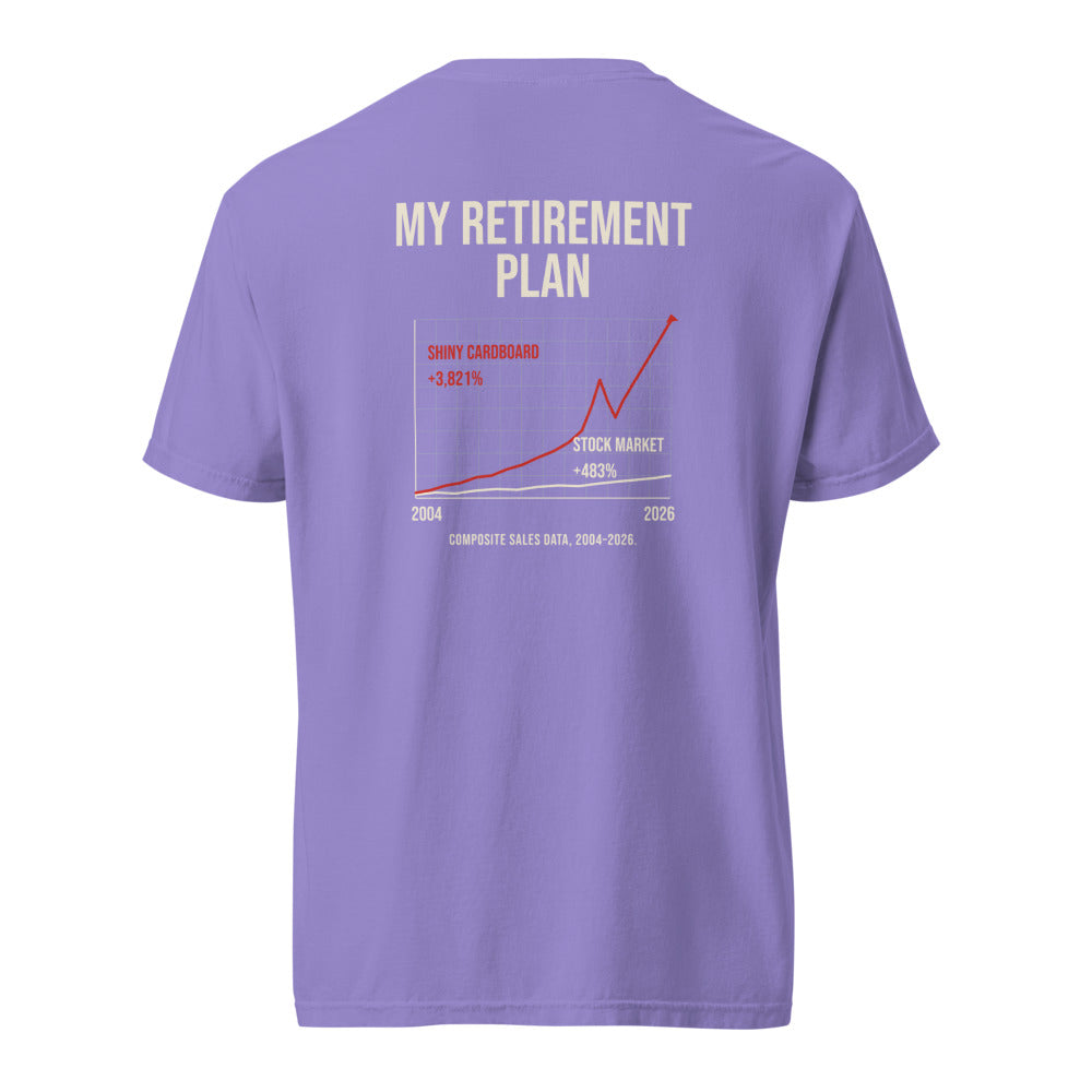 Retirement tee — violet back (Printful mockup)