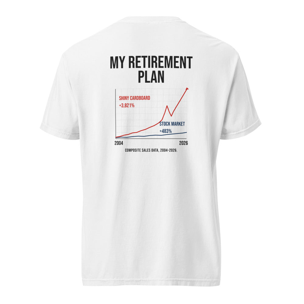 Retirement tee — white back (Printful mockup)