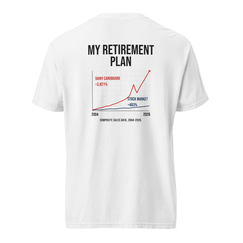Retirement tee — white back (Printful mockup)